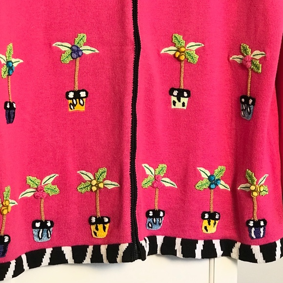 QUACKER FACTORY Zip Cardigan Sweater Whimsical Palm Tree Pink Women’s Size 1X 2X - Picture 3 of 16